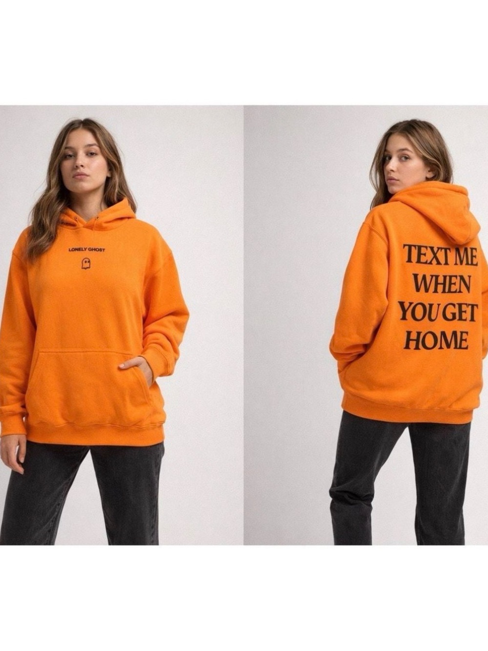 LONELY GHOST Orange Hoodie with Bold Back Text